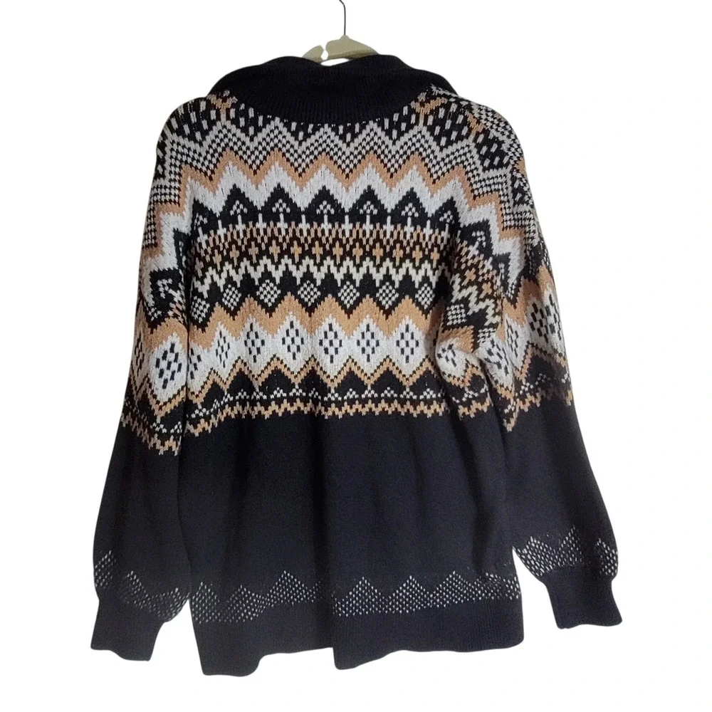 Ann Taylor Loft Black, Brown & White Fair Isle Half Zip Tunic Sweater Size L NWT